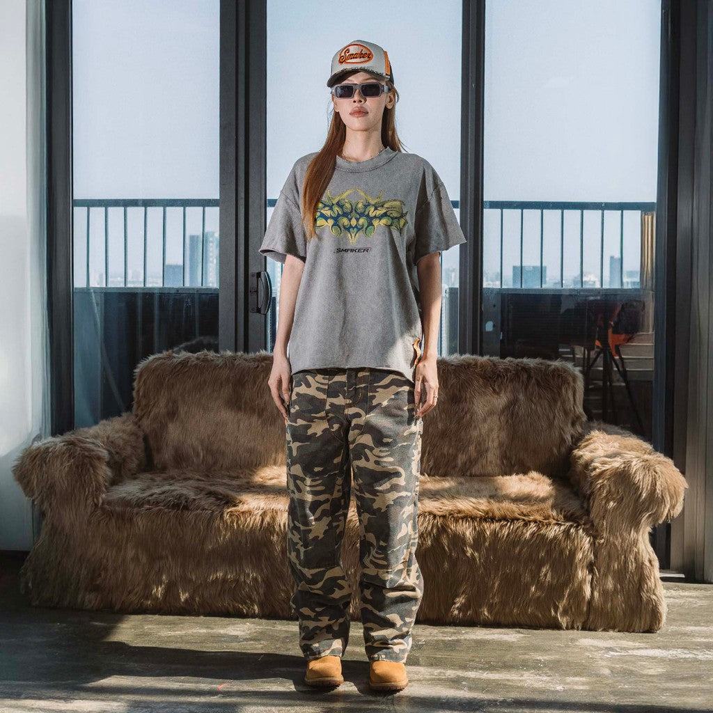 [SMAKER] Áo thun 100% cotton washed màu xám - TRIBAL LOGO WASHED TEE IN GREY
