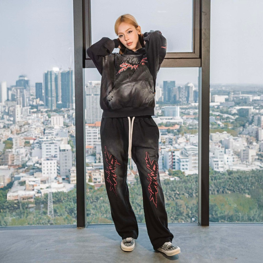 [SMAKER] Gray fleece pants with pink letters printed on them 100% cotton fleece - VINTAGE $MAKER WASHED PANTS IN GREY