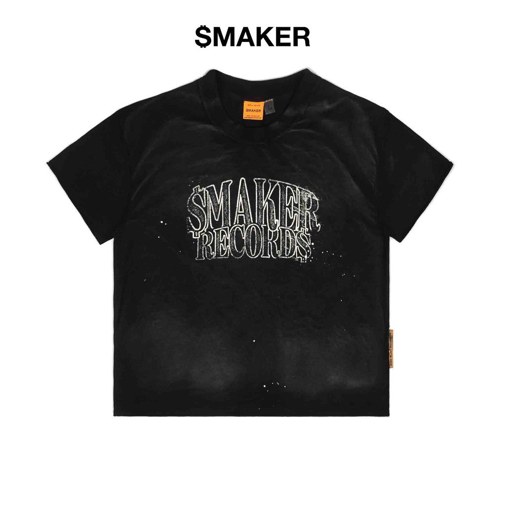 [SMAKER] 100% cotton washed black t-shirt with white print - $MAKER RECORD$ WASHED TEE IN BLACK