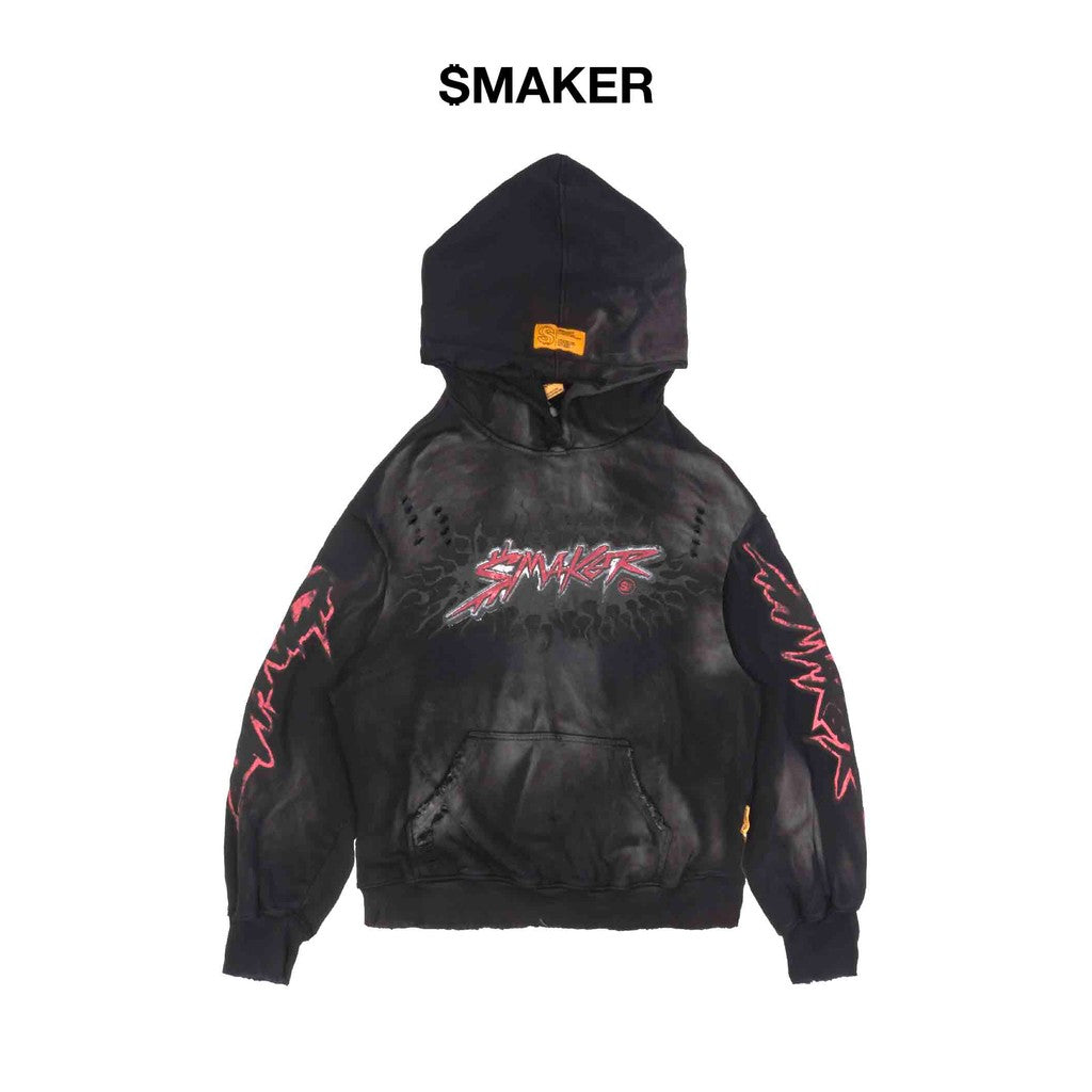 [SMAKER] 100% cotton washed fleece hoodie in gray with thick pink print - VINTAGE $MAKER WASHED HOODIE IN GREY