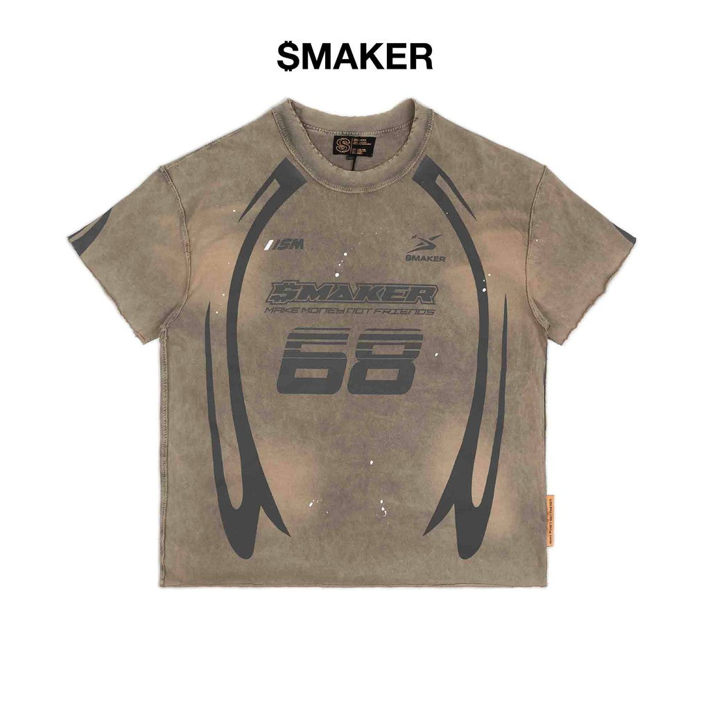 [SMAKER] Unisex T-shirt with printed letters, 100% cotton washed, brown - RACING 68 WASHED TEE IN BROWN