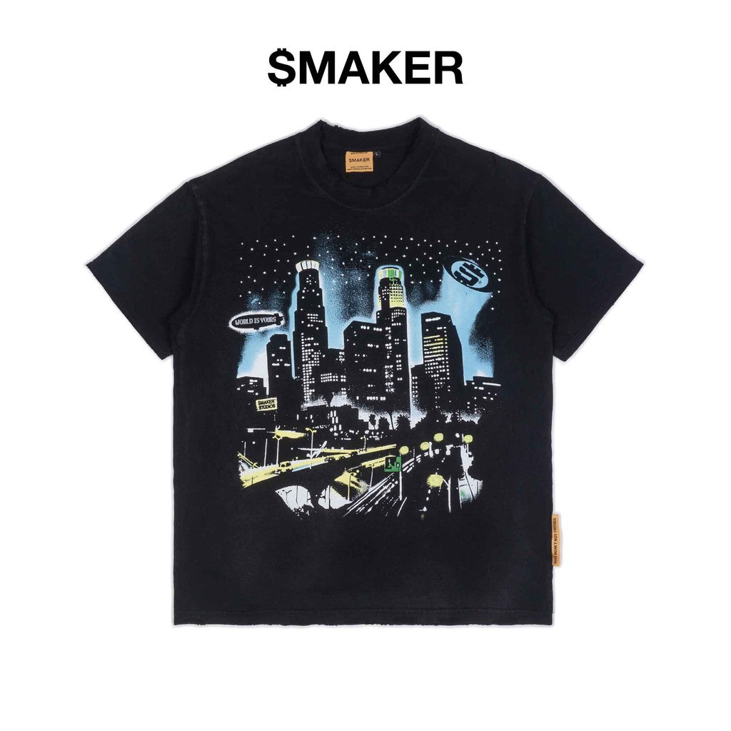 [SMAKER] Áo thun đen 100% cotton in hình thành phố - $MAKER CITY WASHED TEE IN BLACK