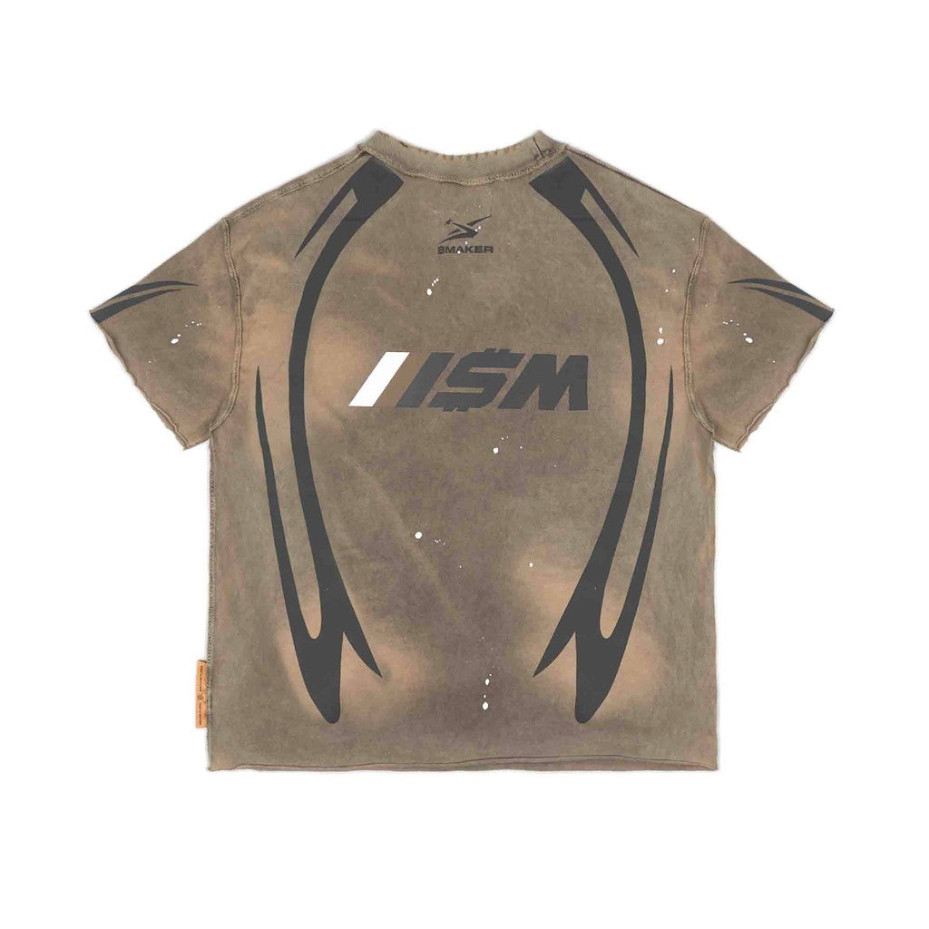 [SMAKER] Unisex T-shirt with printed letters, 100% cotton washed, brown - RACING 68 WASHED TEE IN BROWN