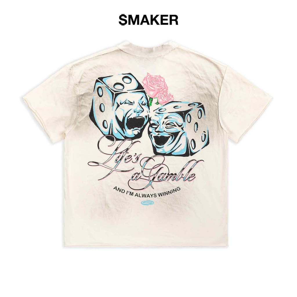 [SMAKER] Unisex 100% Cotton Printed T-shirt - LIFE IS A GAMBLE WASHED TEE IN CREAM