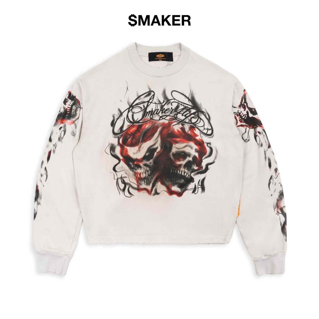 [SMAKER] Áo sweater màu trắng kem in hình đầu lâu - $4L SKULLS SWEATER IN CREAM
