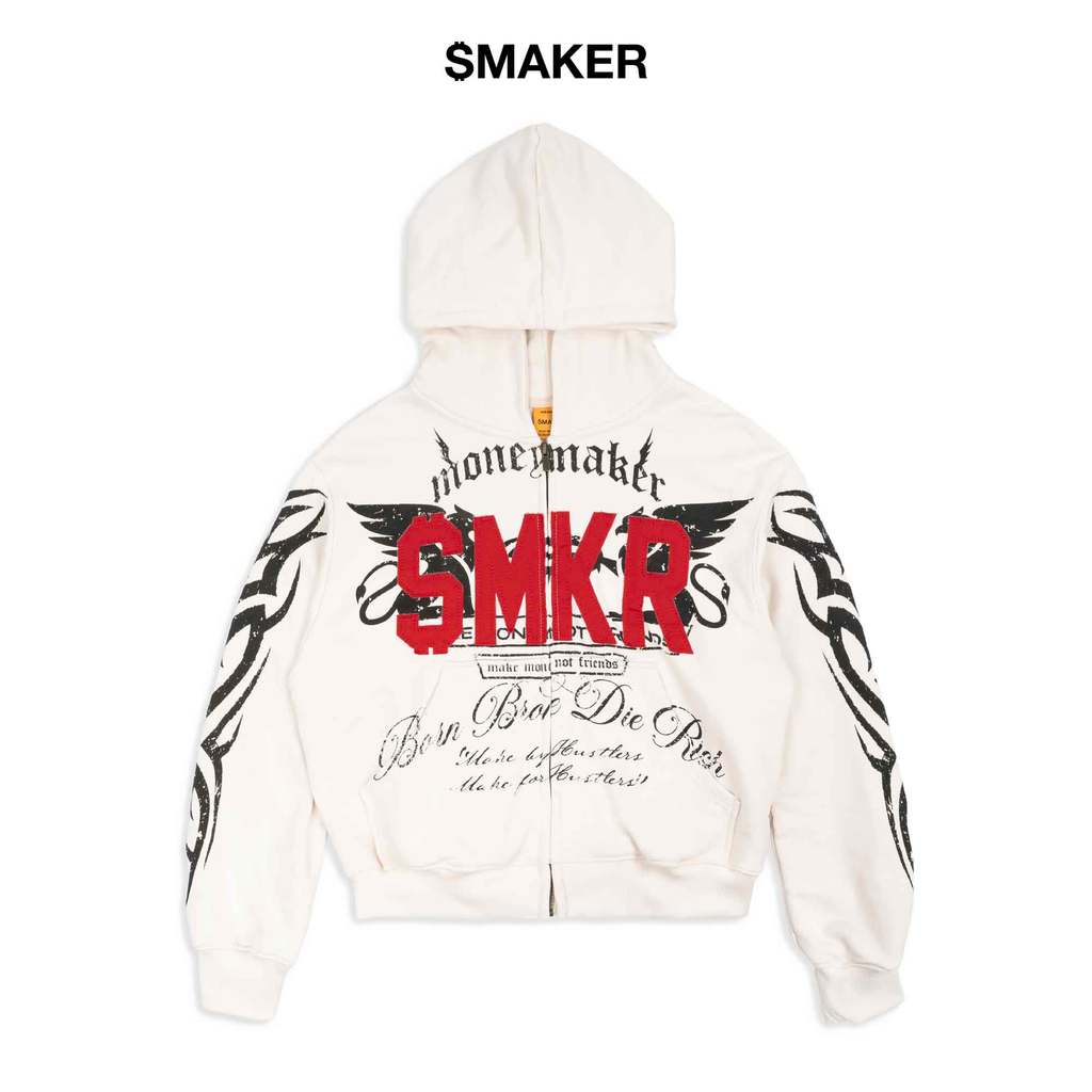 [SMAKER] Áo khoác zip dây kéo in hình màu trắng có mũ 100% cotton - DIE RICH HOODIE IN WHITE
