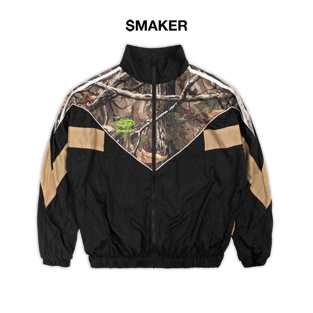 [SMAKER] Áo khoác dù vải nylon nhăn màu đen cổ cao kiểu thể thao - LEAF CAMO JACKET IN BLACK