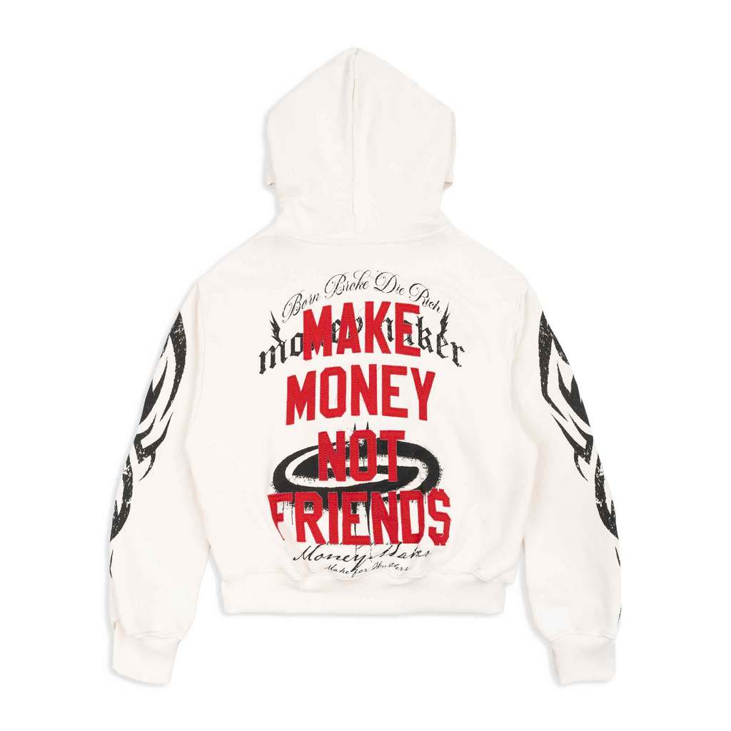 [SMAKER] Áo khoác zip dây kéo in hình màu trắng có mũ 100% cotton - DIE RICH HOODIE IN WHITE