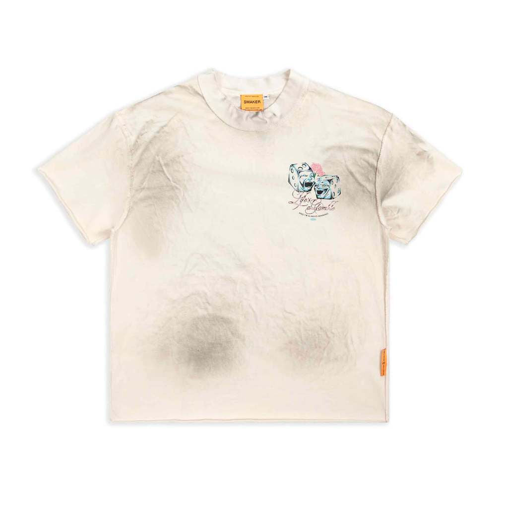[SMAKER] Unisex 100% Cotton Printed T-shirt - LIFE IS A GAMBLE WASHED TEE IN CREAM