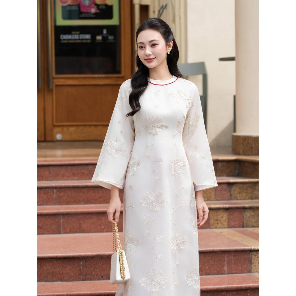 Áo dài AD257 QD001 cách tân 4 tà phối cổ tròn tay rộng tà lỡ