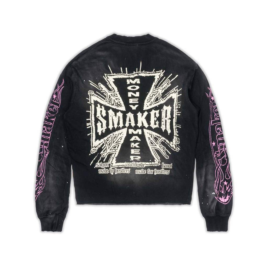 [SMAKER] Áo sweater mùa đông màu đen in hình đầu lâu - $MAKER WORLDWIDE WASHED SWEATER IN BLACK
