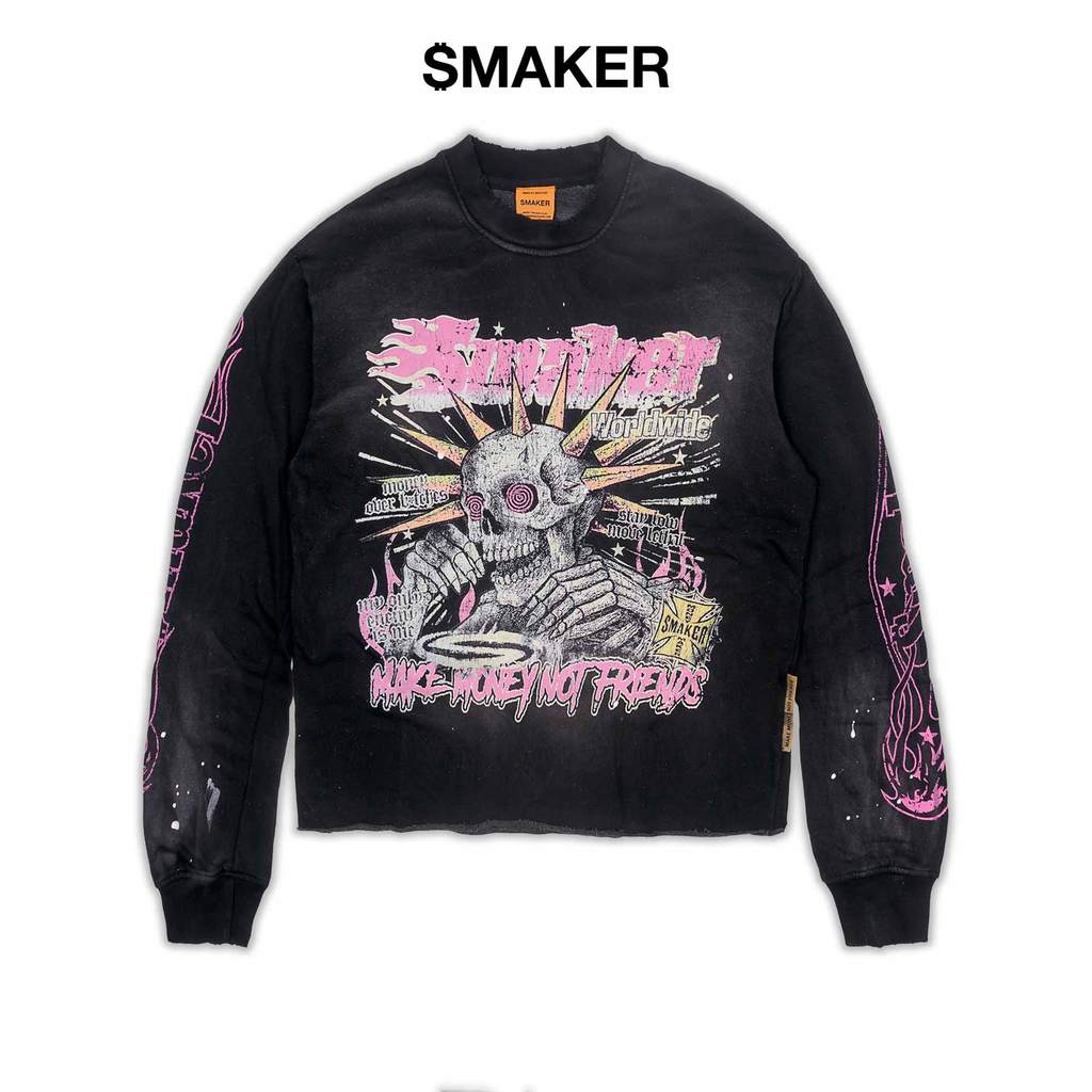 [SMAKER] Áo sweater mùa đông màu đen in hình đầu lâu - $MAKER WORLDWIDE WASHED SWEATER IN BLACK