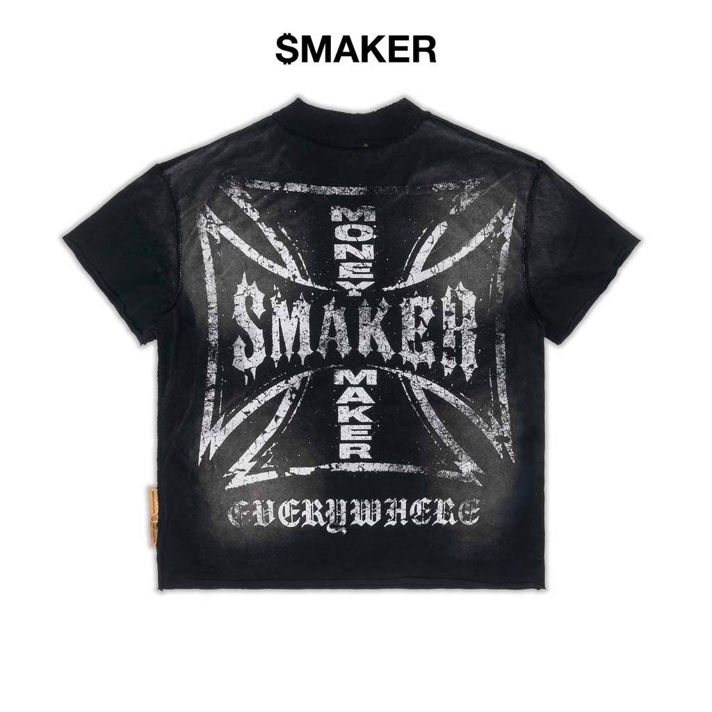[SMAKER] 100% cotton black t-shirt - $MAKER EVERYWHERE CROSS WASHED TEE IN BLACK