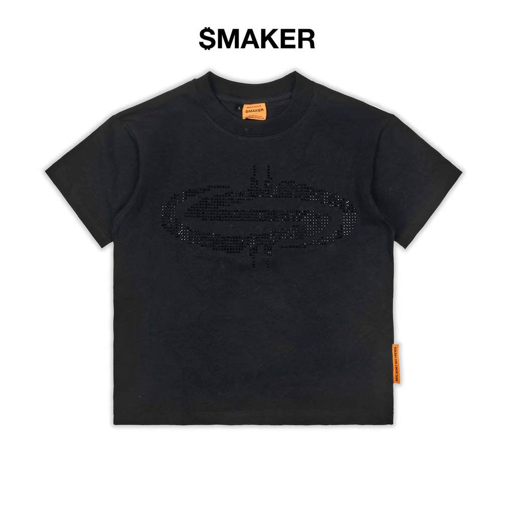 [SMAKER] 100% Cotton Black Rhinestone T-shirt - BLACK ICED OUT LOGO TEE IN BLACK