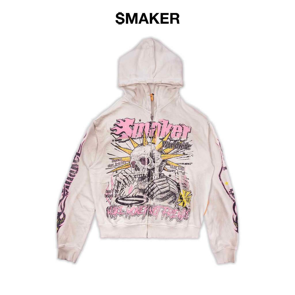 [SMAKER] Áo khoác zip 100% cotton màu kem có mũ - WORLDWIDE WASHED HOODIE IN CREAM