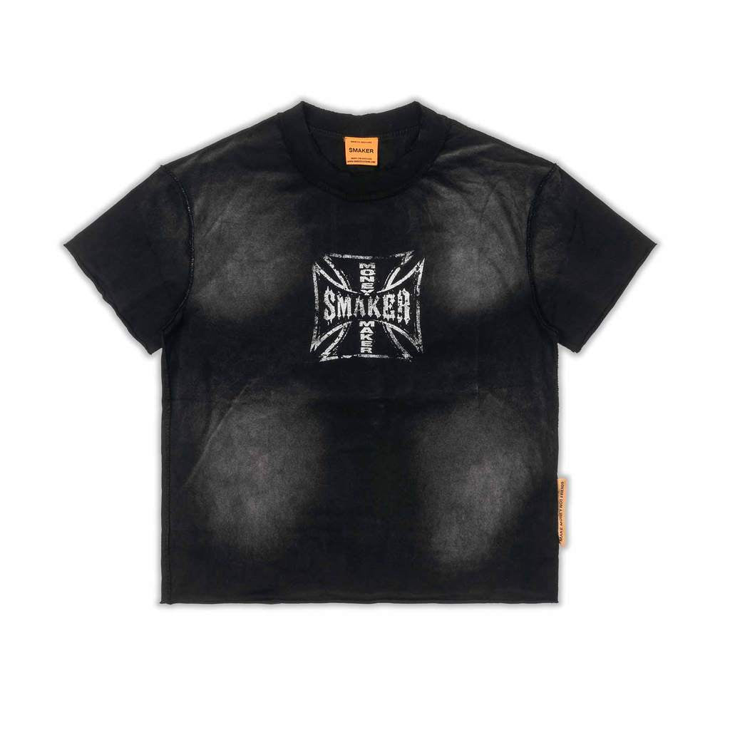 [SMAKER] 100% cotton black t-shirt - $MAKER EVERYWHERE CROSS WASHED TEE IN BLACK
