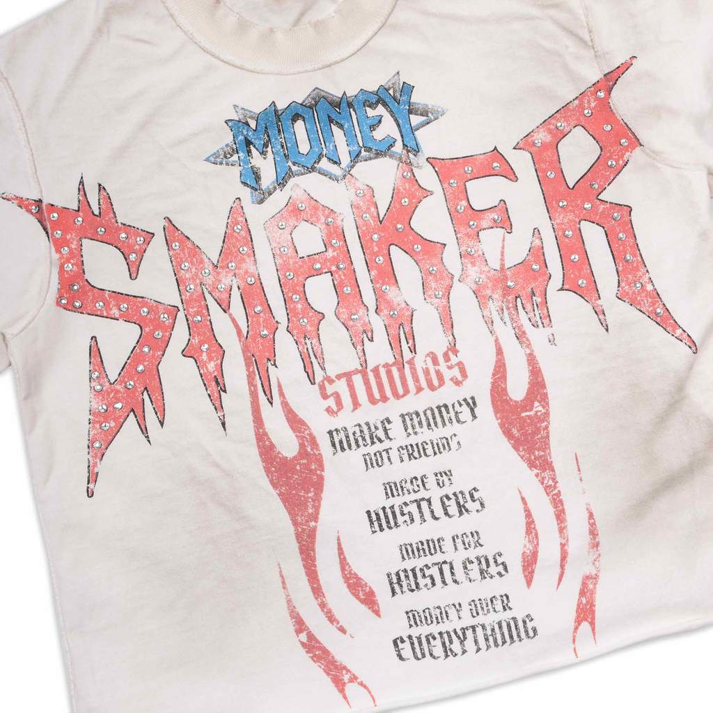 [SMAKER] Áo thun 100% cotton màu trắng có đính hạt - $MAKER ROCK WASHED TEE IN CREAM