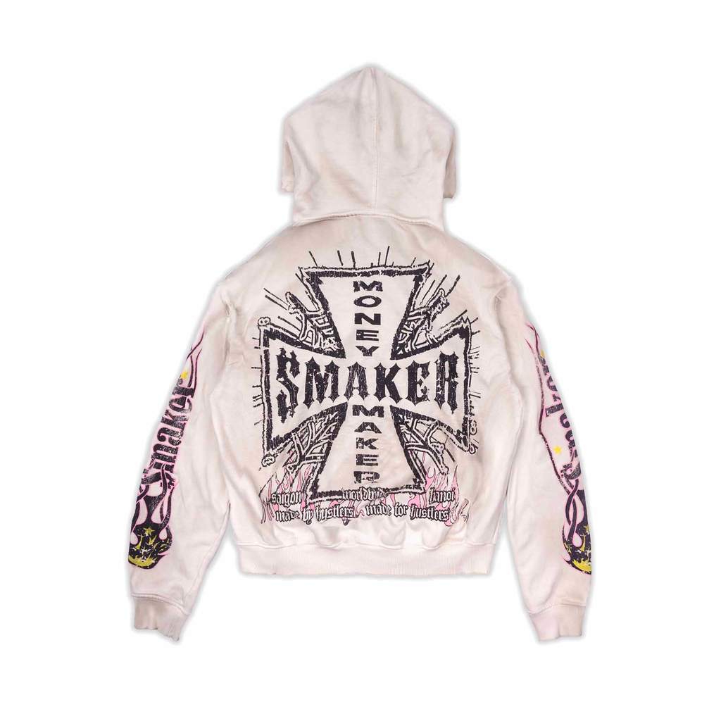 [SMAKER] Áo khoác zip 100% cotton màu kem có mũ - WORLDWIDE WASHED HOODIE IN CREAM
