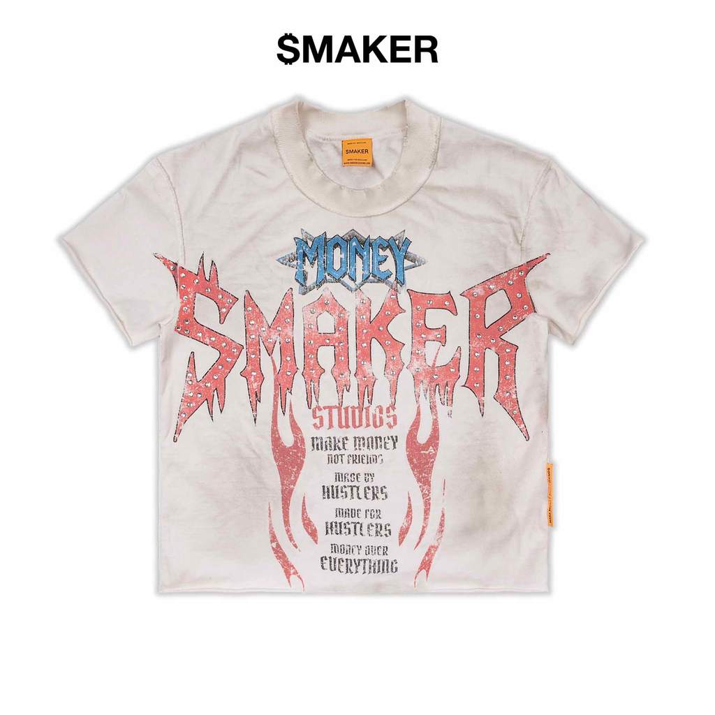 [SMAKER] Áo thun 100% cotton màu trắng có đính hạt - $MAKER ROCK WASHED TEE IN CREAM