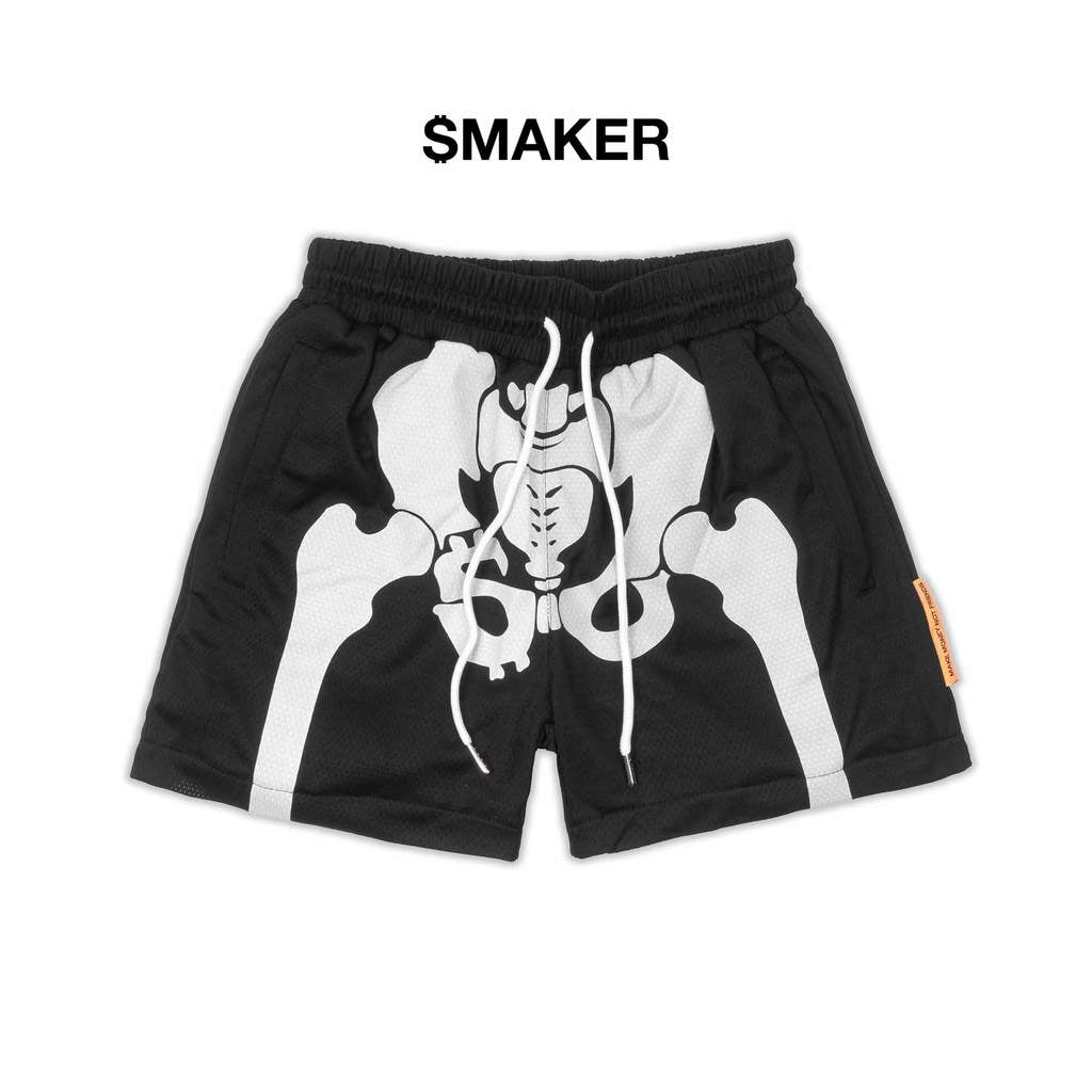 [SMAKER] Quần đùi ngắn màu đen in hình xương vải lưới - SKELETON MESH SHORTS IN BLACK