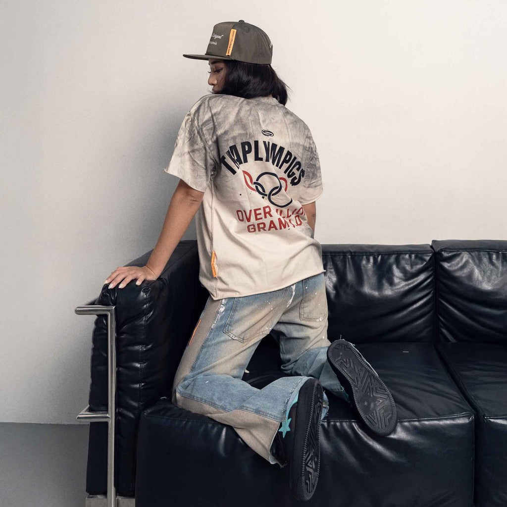 [SMAKER] Men's flared jeans with gray and blue fabric, street style - SWEAT PANTS MIX JEANS