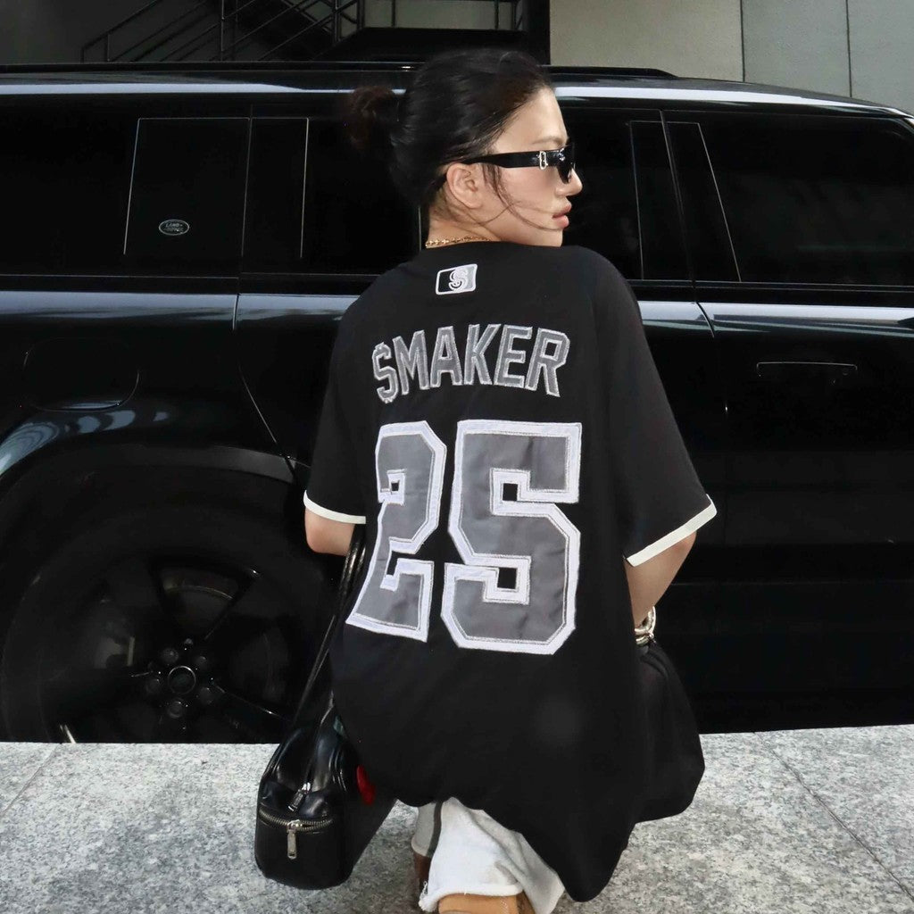 [SMAKER] Black Baseball Collarless Shirt - THE $ BASEBALL JERSEY IN BLACK