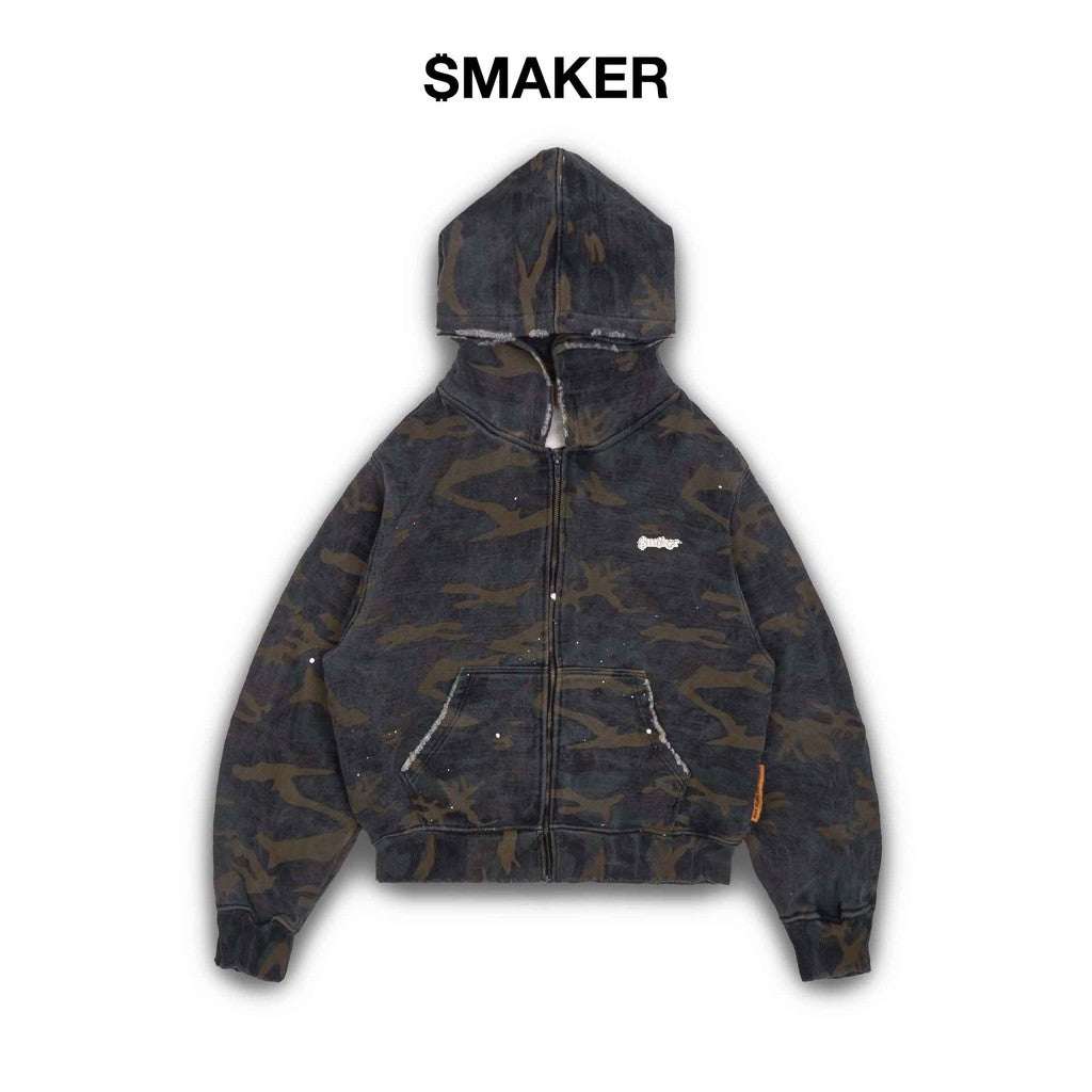[SMAKER] Long sleeve zip up hoodie with soldier pattern, 100% cotton washed - LOGO WASHED HOODIE IN CAMO