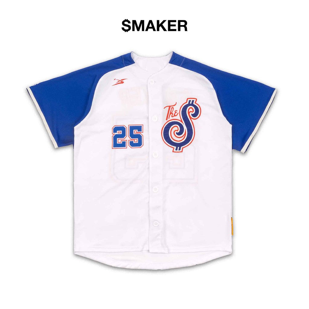 [SMAKER] The $BASEBALL JERSEY IN WHITE - Blue and White Baseball Collarless Shirt