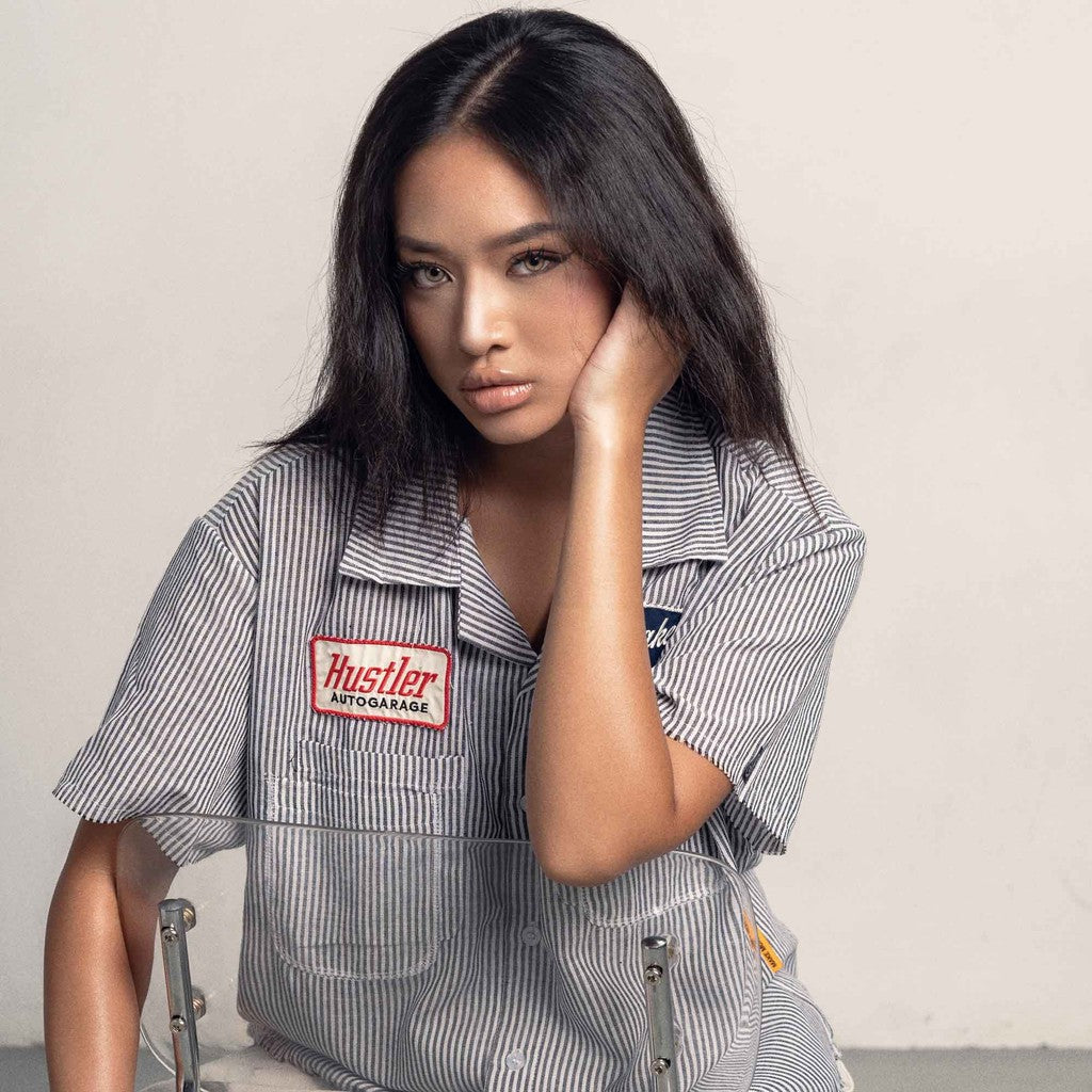 [SMAKER] White and blue striped linen shirt - HUSTLER AUTOGARAGE STRIPE SHIRT