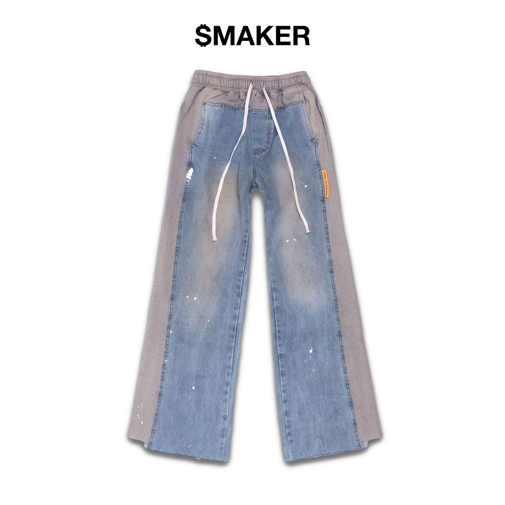 [SMAKER] Men's flared jeans with gray and blue fabric, street style - SWEAT PANTS MIX JEANS