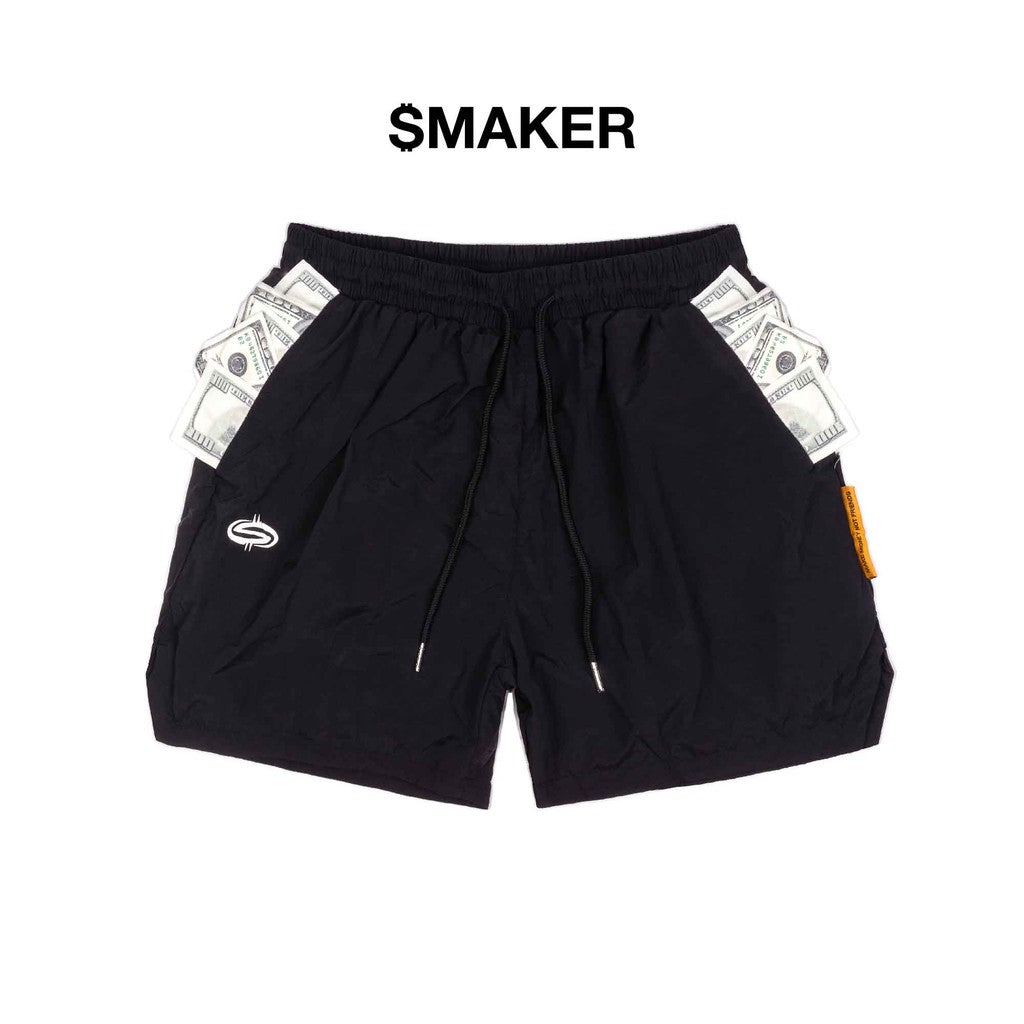[SMAKER] Quần đùi short ngắn có hoạ tiết tiền màu đen - 2 POCKETS FULL NYLON SHORTS IN BLACK