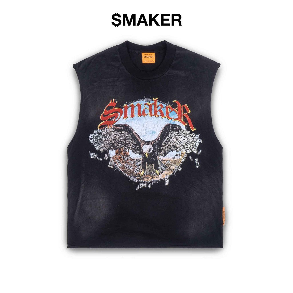 [SMAKER] Áo thun 100% cotton xách nách ba lỗ màu đen - MONEY WINGS SLEEVELESS WASHED TEE IN BLACK