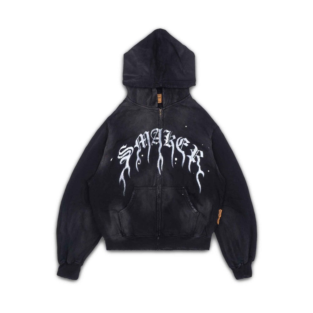 [SMAKER] Áo khoác 100% cotton màu đen chống nắng hình ngọn lửa FLAME $MAKER WASHED ZIP HOODIE IN BLACK