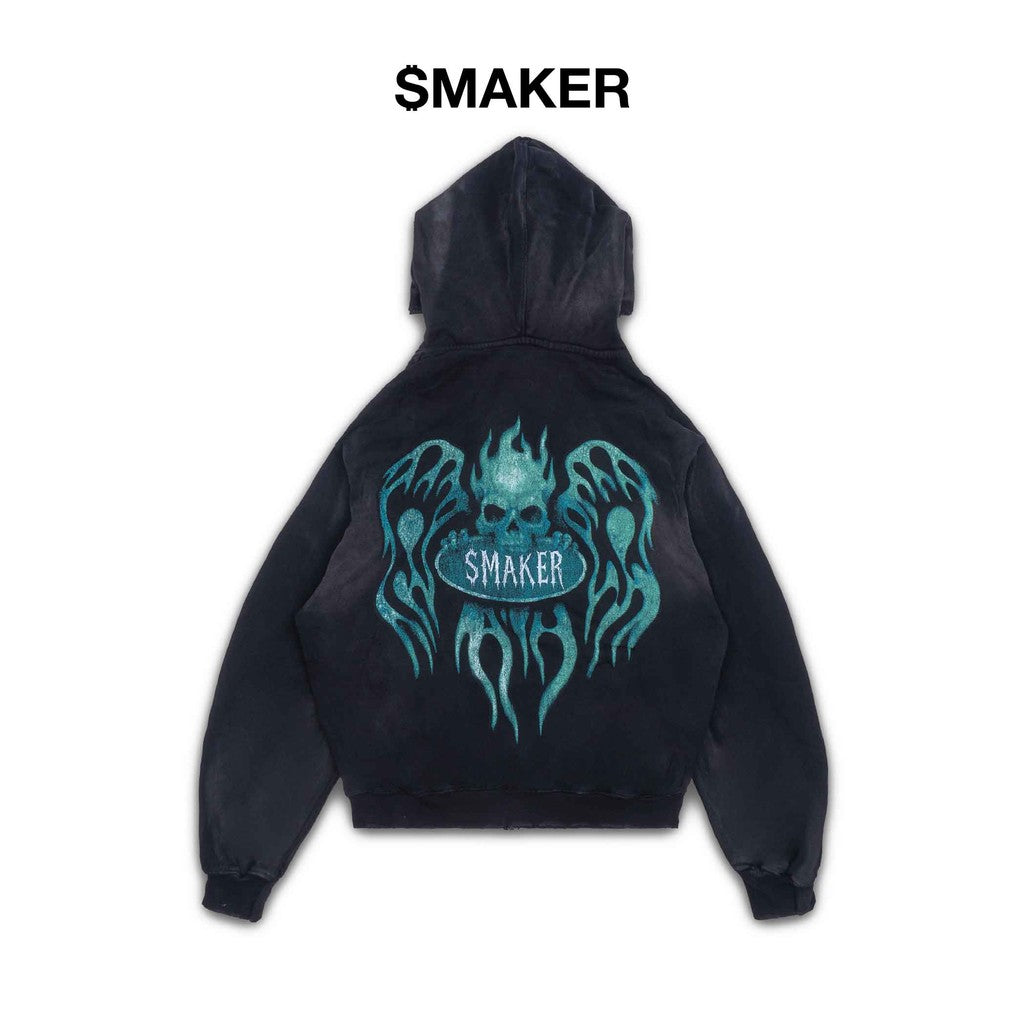 [SMAKER] Áo khoác 100% cotton màu đen chống nắng hình ngọn lửa FLAME $MAKER WASHED ZIP HOODIE IN BLACK