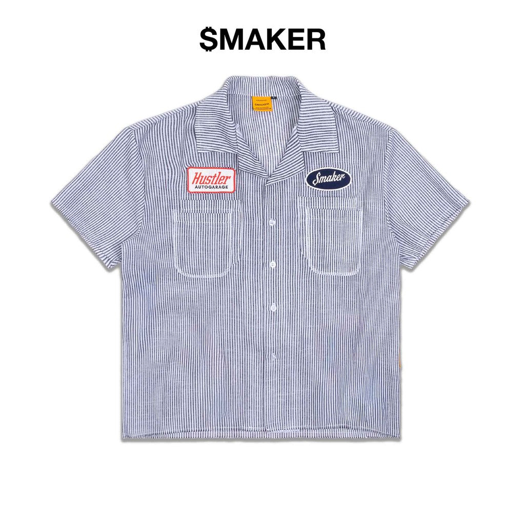 [SMAKER] White and blue striped linen shirt - HUSTLER AUTOGARAGE STRIPE SHIRT