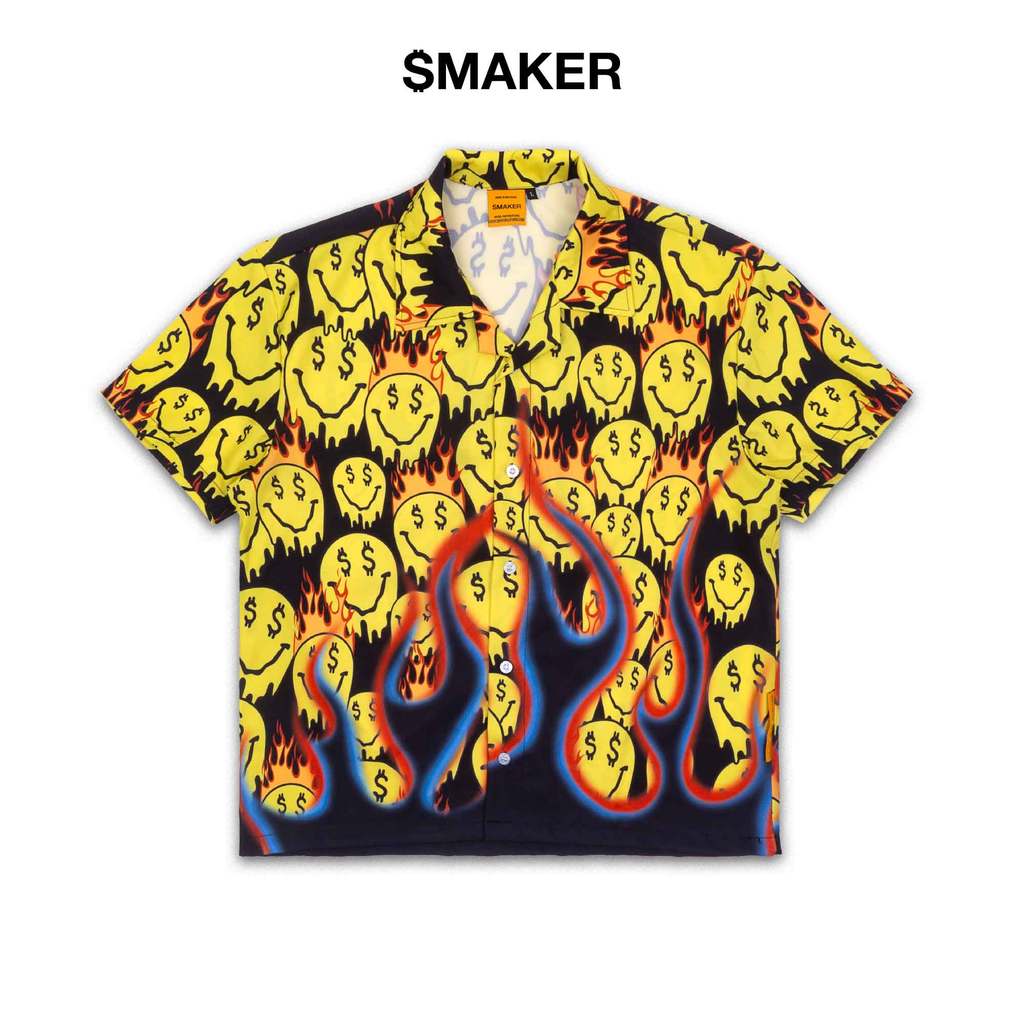 [SMAKER] Áo sơ mi đen vàng hoạ tiết mặt cười vải lụa - SMILEY BOXY SHIRT
