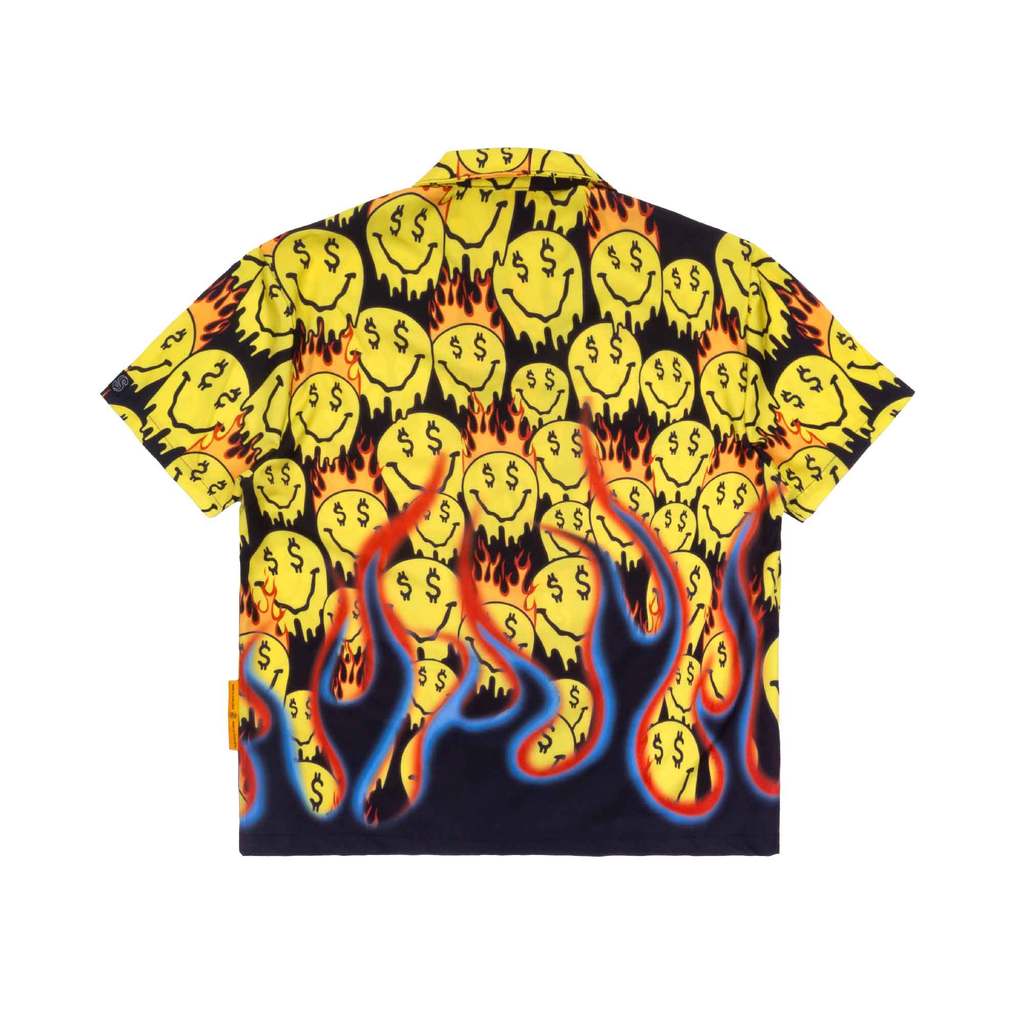 [SMAKER] Áo sơ mi đen vàng hoạ tiết mặt cười vải lụa - SMILEY BOXY SHIRT
