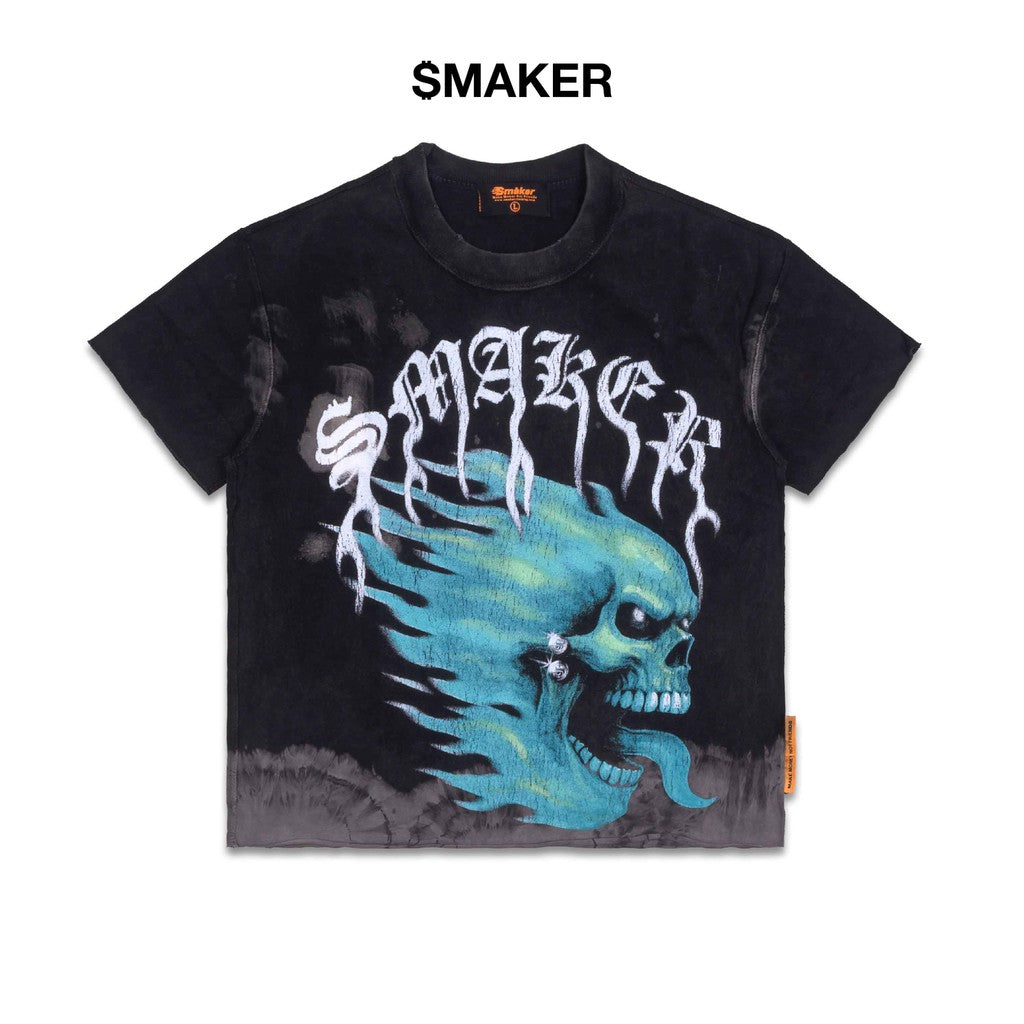 [SMAKER] 100% cotton washed black T-shirt with fire print - FLAME $MAKER WASHED TEE IN BLACK