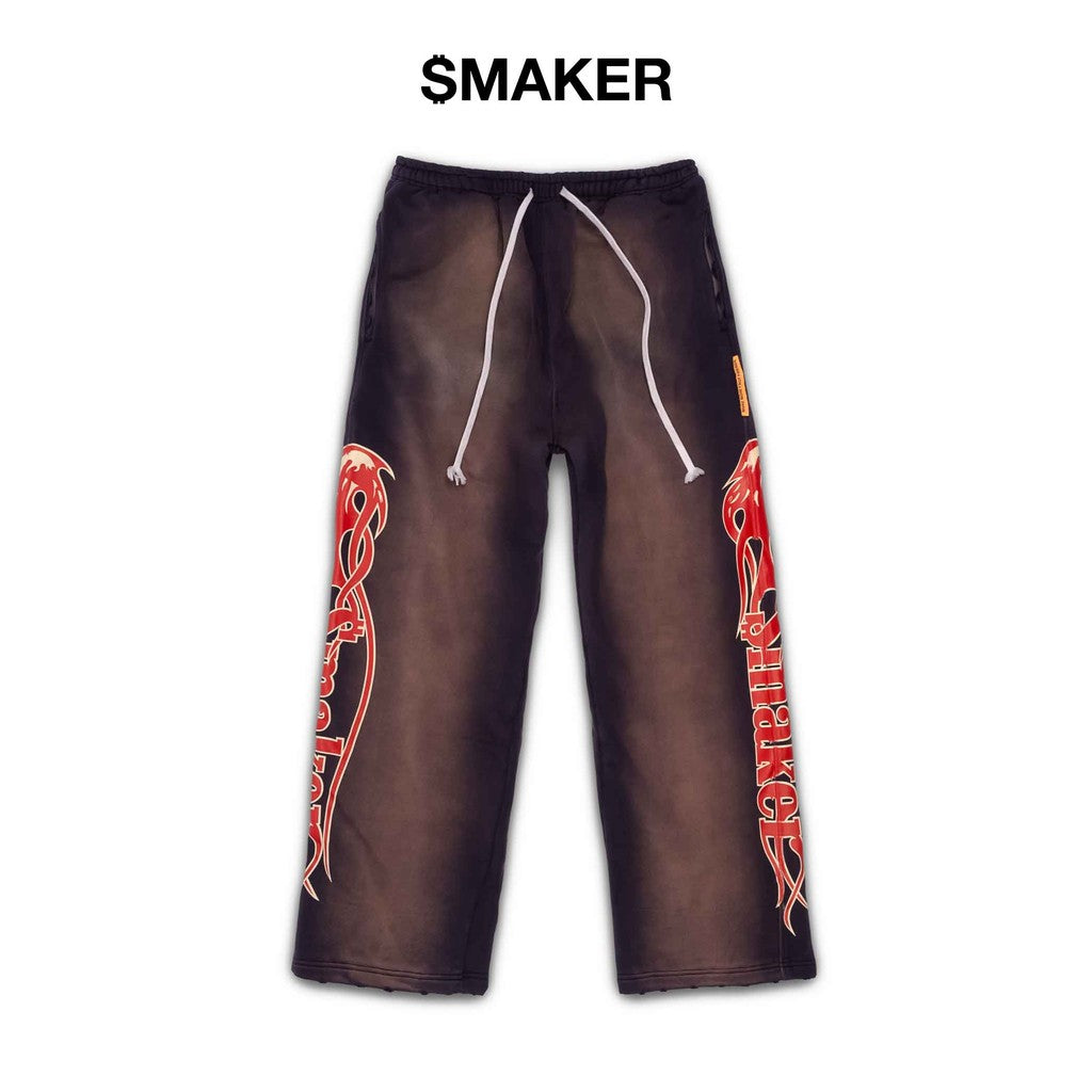 [SMAKER] 100% cotton fleece pants in brown - FIRE LOGO WASHED SWEAT PANTS IN BROWN