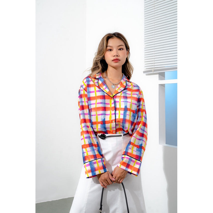 LIBÉ - Long-sleeved silk shirt with multicolored checkered patterns