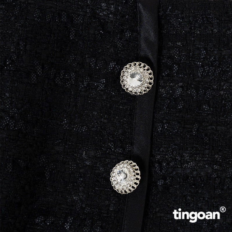 TINGOAN® - High-waisted black tweed skirt with flared hem and stone buttons (with underpants) PRETTY SNOW SKIRT/BL