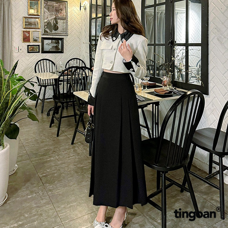 TINGOAN® - QIN QIN LONG SKIRT/BL high-waisted black pleated front skirt