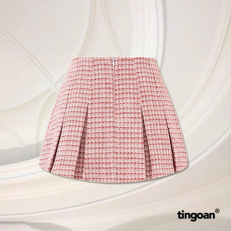 TINGOAN® - Chân váy cạp lửng xếp ly tweed đỏ đính cúc bọc BABY DIAMOND SKIRT/DR