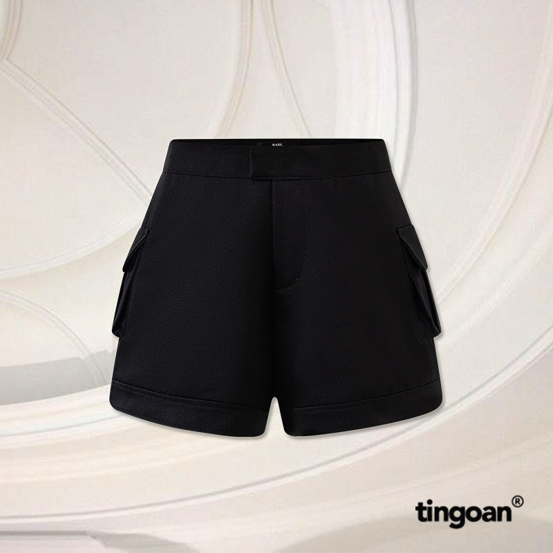 TINGOAN® - BECKY SHORTS/BL black tafta shorts with box pockets on both sides