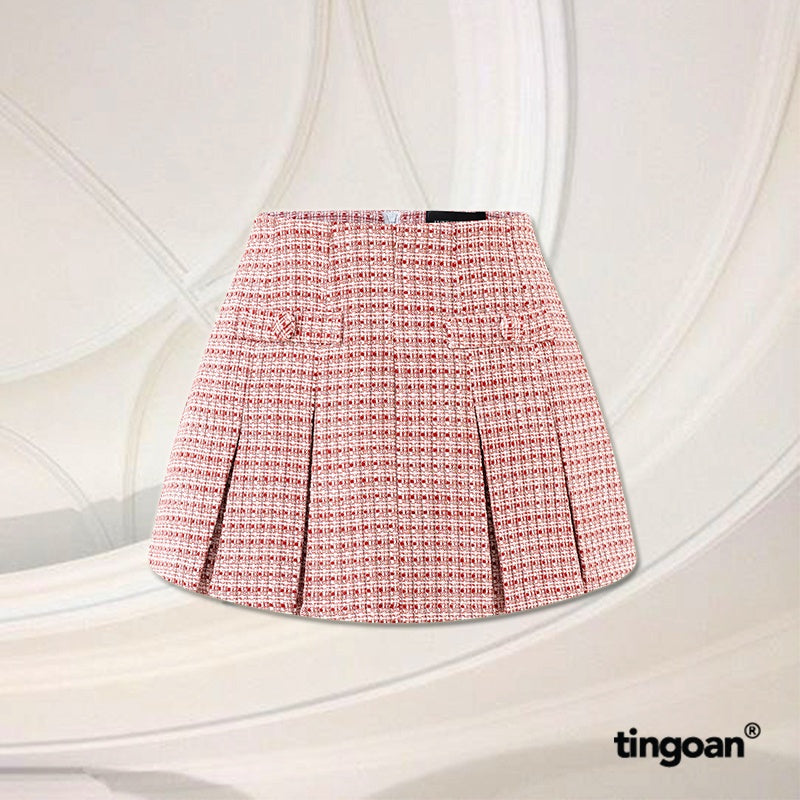 TINGOAN® - Chân váy cạp lửng xếp ly tweed đỏ đính cúc bọc BABY DIAMOND SKIRT/DR