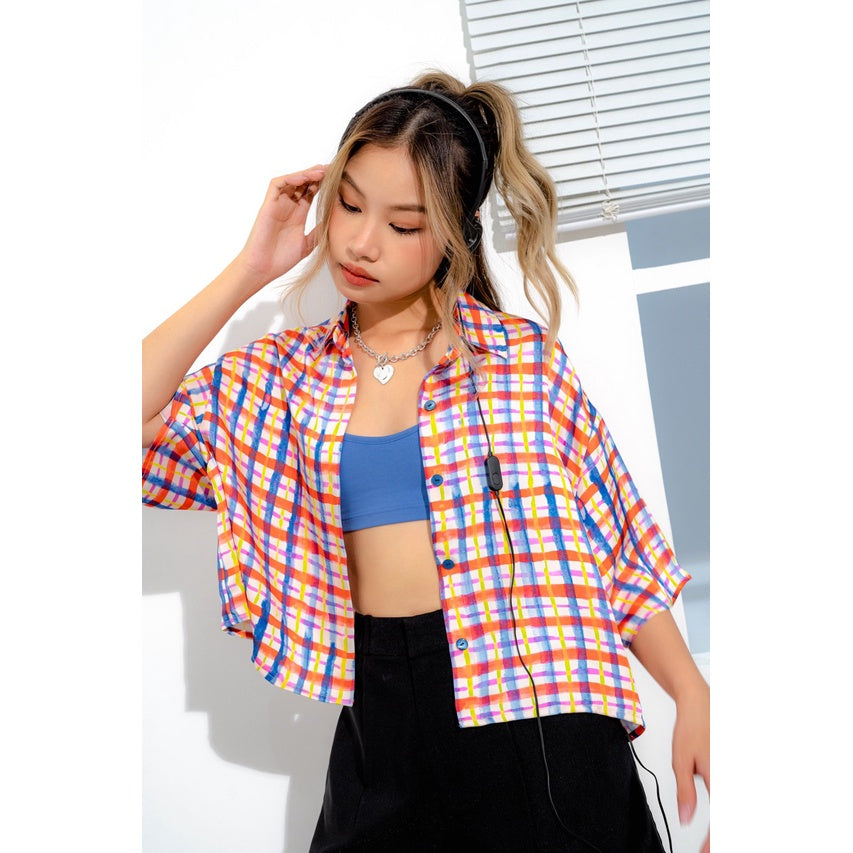 LIBÉ - Short-sleeved silk shirt with multicolored checkered patterns