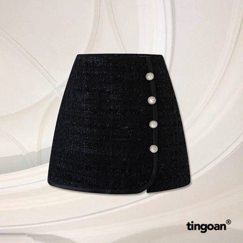 TINGOAN® - High-waisted black tweed skirt with flared hem and stone buttons (with underpants) PRETTY SNOW SKIRT/BL