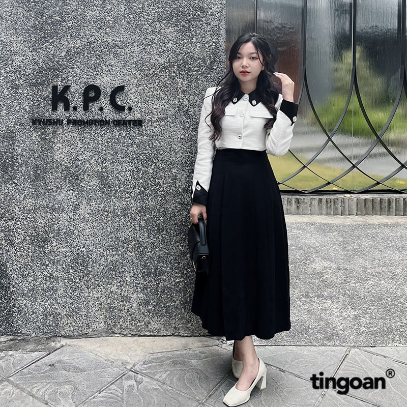 TINGOAN® - QIN QIN LONG SKIRT/BL high-waisted black pleated front skirt