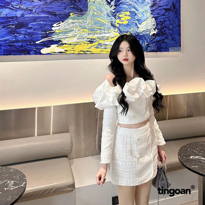 TINGOAN® - White tweed off-the-shoulder dress with puffed tafta ruffles and sparkling buttons PRETTY SNOW TOP/WH