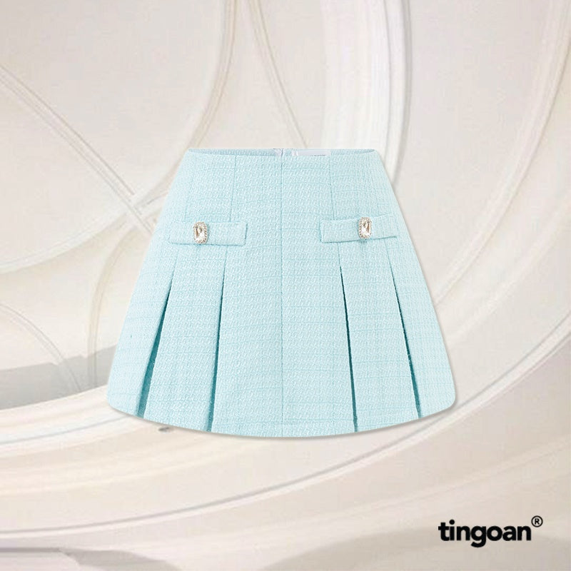 TINGOAN® - Blue tweed pleated low-waist skirt with stone buttons BABY DIAMOND SKIRT/BLUE